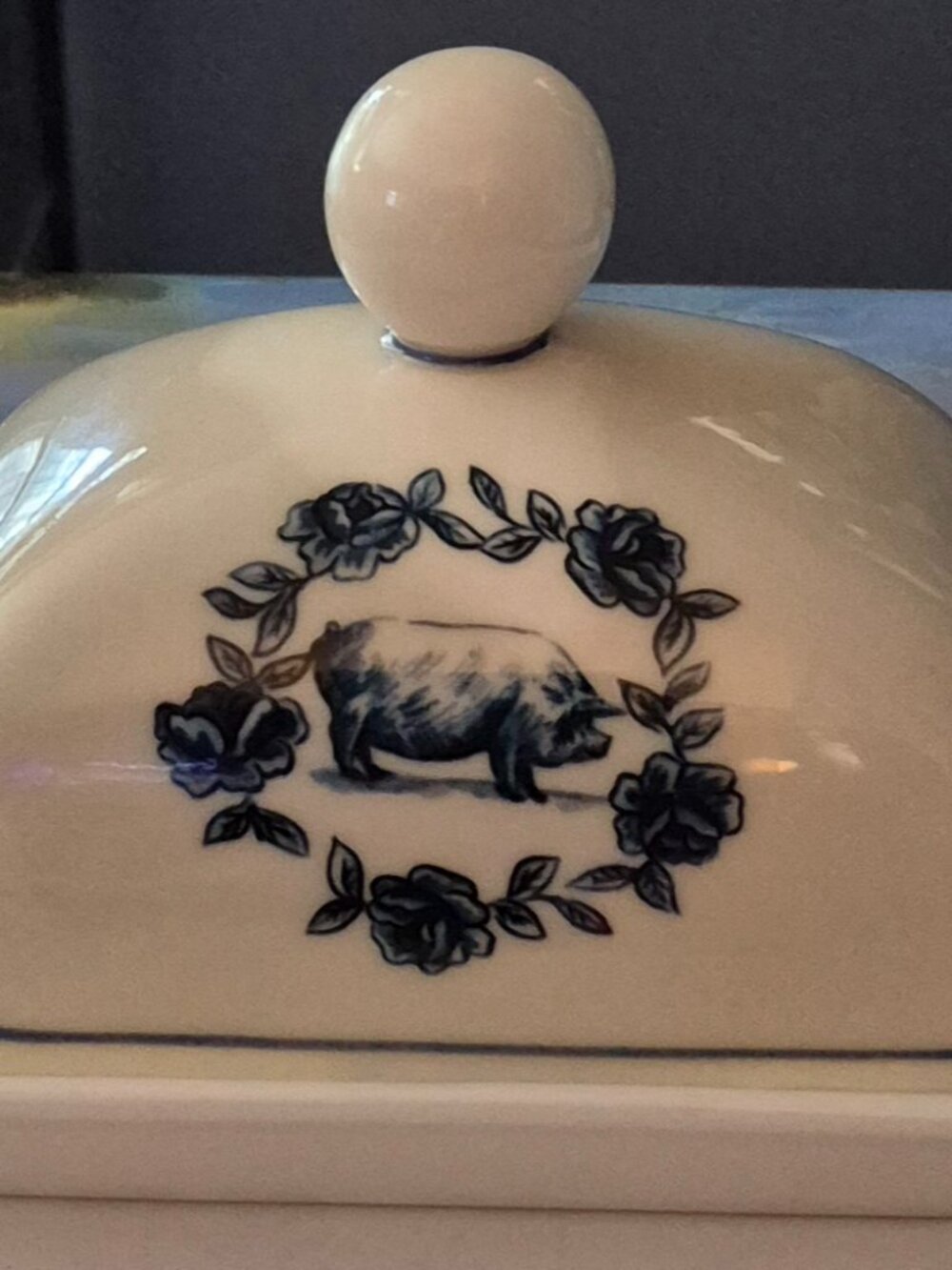 Home Essentials Vintage Farm Molly Hatch Butter Dish w/Lid Blue Pig Floral NEW!!
